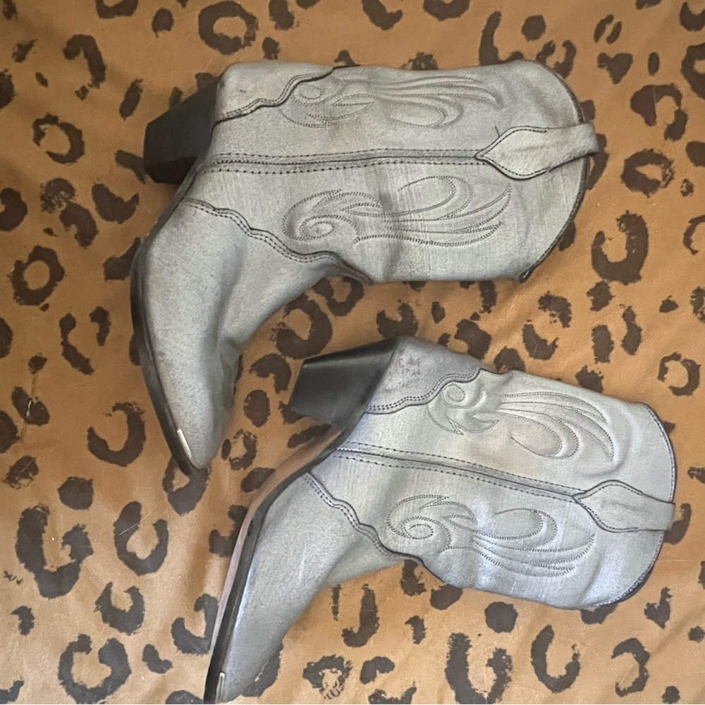 Vintage Mid Calf Western Boots Silver Cowboy Unique Metallic Biker Size 8 Women'
